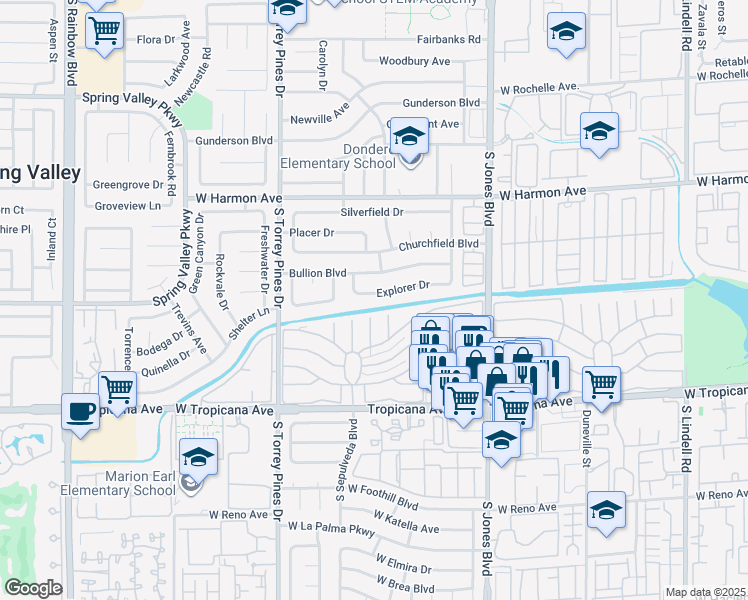 map of restaurants, bars, coffee shops, grocery stores, and more near 6319 Explorer Drive in Las Vegas