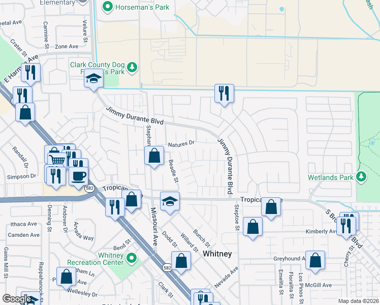 map of restaurants, bars, coffee shops, grocery stores, and more near 4726 Madrigal Way in Las Vegas