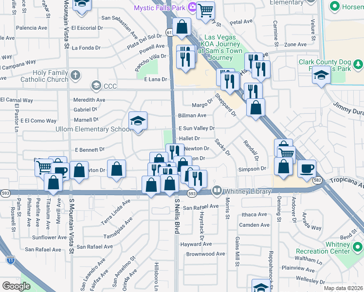 map of restaurants, bars, coffee shops, grocery stores, and more near 5044 East Newton Drive in Las Vegas