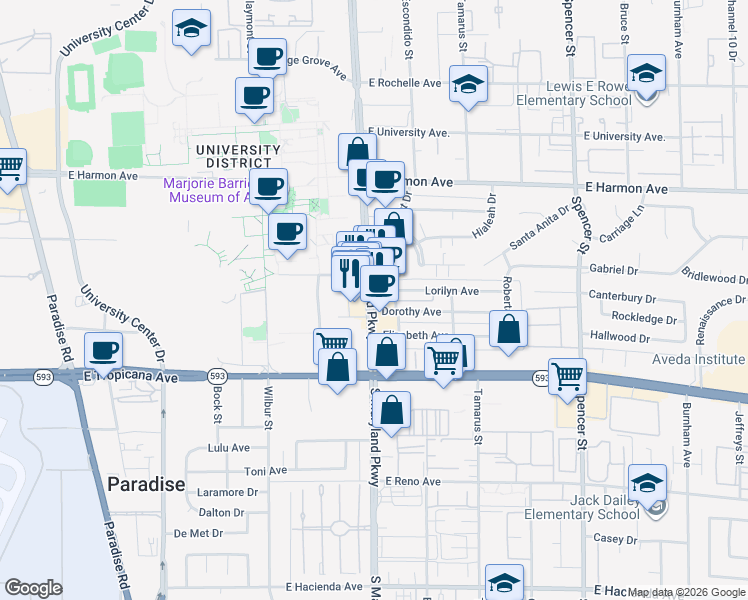 map of restaurants, bars, coffee shops, grocery stores, and more near 4700 South Maryland Parkway in Las Vegas