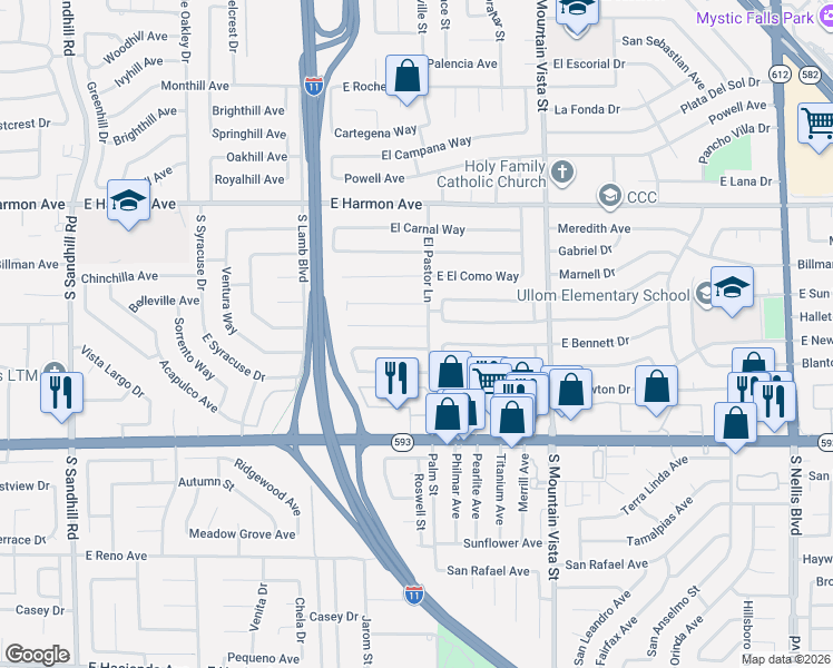 map of restaurants, bars, coffee shops, grocery stores, and more near 4383 East Del Santos Drive in Las Vegas