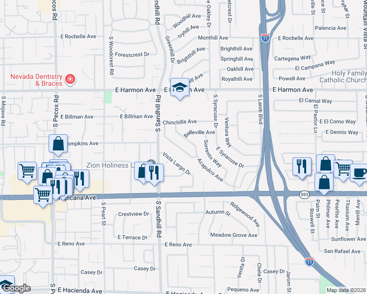 map of restaurants, bars, coffee shops, grocery stores, and more near 3909 San Andreas Avenue in Las Vegas