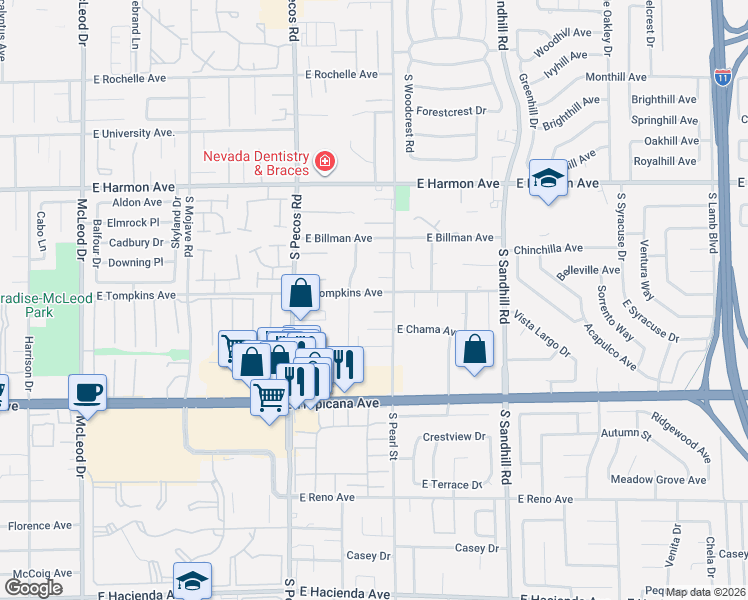 map of restaurants, bars, coffee shops, grocery stores, and more near 3543 East Tompkins Avenue in Las Vegas