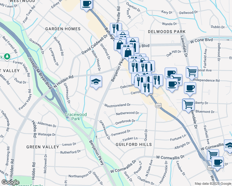 map of restaurants, bars, coffee shops, grocery stores, and more near 1530 Benjamin Parkway in Greensboro