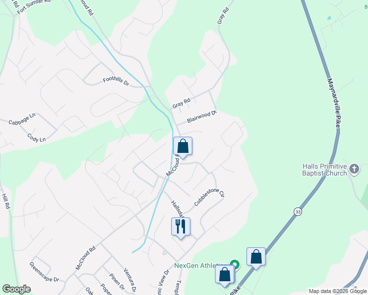 map of restaurants, bars, coffee shops, grocery stores, and more near 4525 Merissa Way in Knoxville