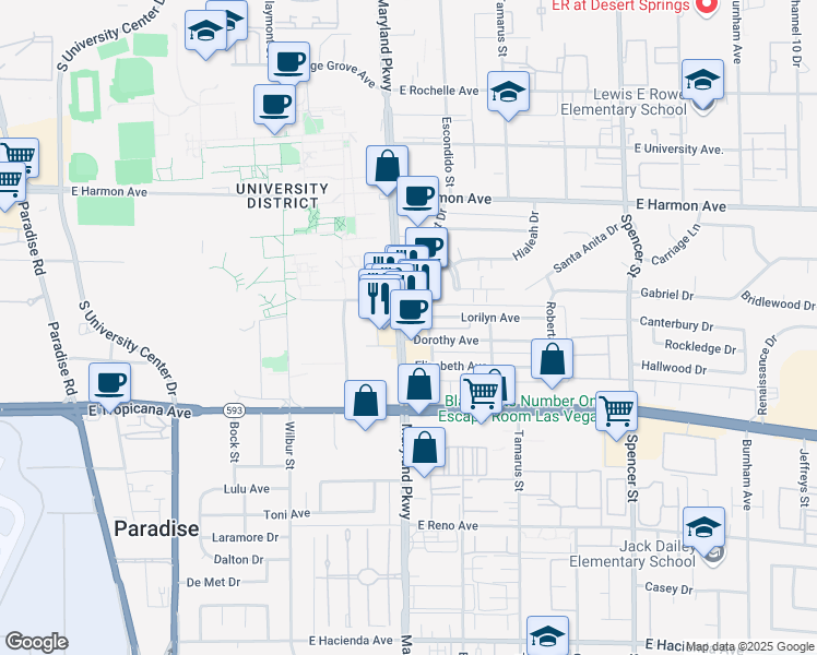 map of restaurants, bars, coffee shops, grocery stores, and more near 4700 South Maryland Parkway in Las Vegas