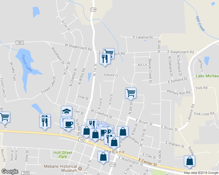 map of restaurants, bars, coffee shops, grocery stores, and more near 701 North 3rd Street in Mebane