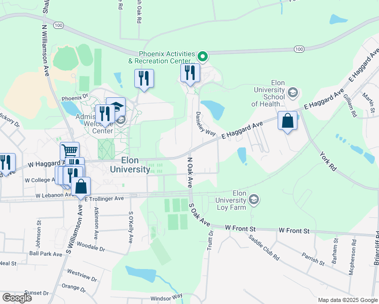 map of restaurants, bars, coffee shops, grocery stores, and more near 398 North Oak Avenue in Elon
