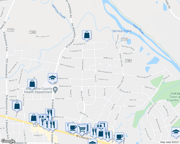 map of restaurants, bars, coffee shops, grocery stores, and more near 2121 Morningside Dr in Burlington