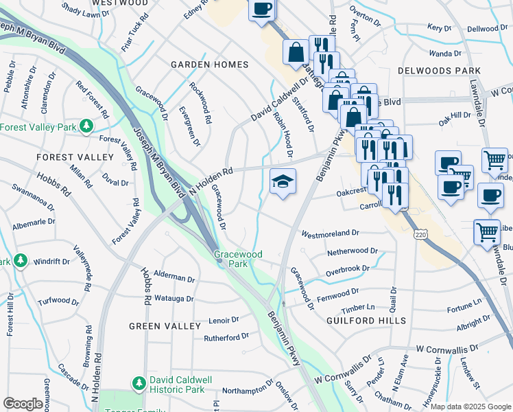 map of restaurants, bars, coffee shops, grocery stores, and more near 2502 Shady Lawn Drive in Greensboro