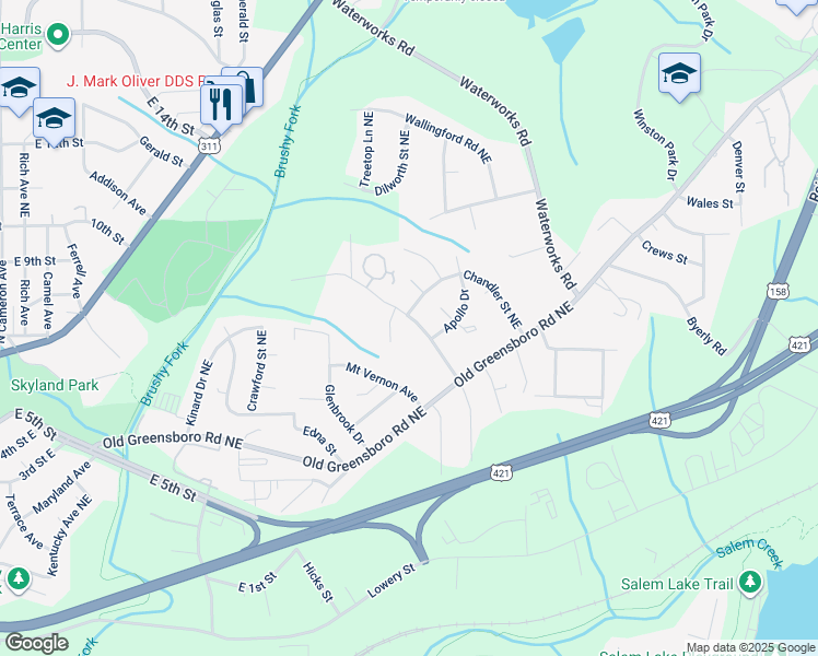 map of restaurants, bars, coffee shops, grocery stores, and more near 630 Barbara Jane Avenue Northeast in Winston-Salem
