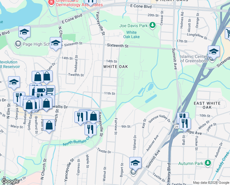 map of restaurants, bars, coffee shops, grocery stores, and more near 1215 11th Street in Greensboro