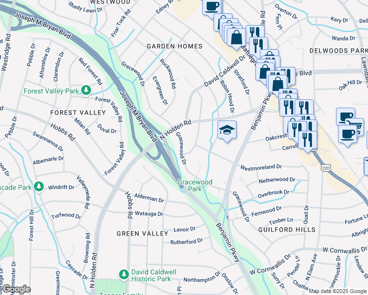 map of restaurants, bars, coffee shops, grocery stores, and more near 1702 Gracewood Drive in Greensboro