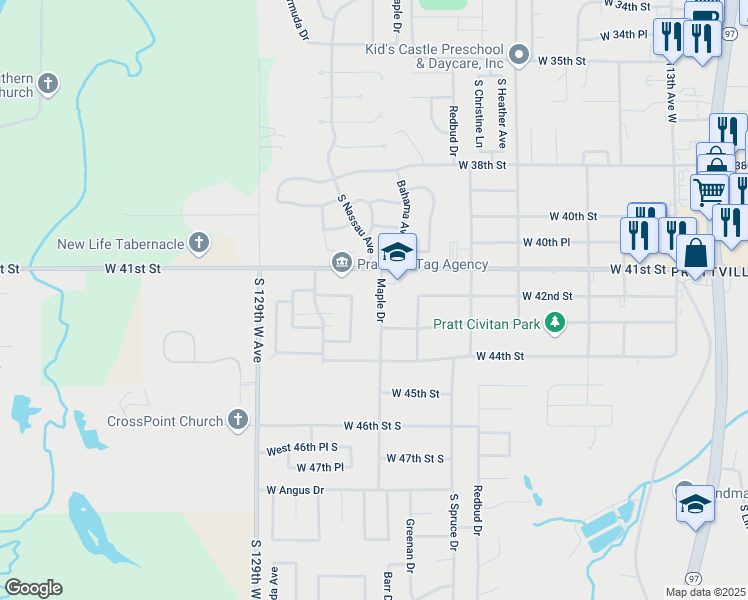 map of restaurants, bars, coffee shops, grocery stores, and more near 4112 Maple Drive in Sand Springs