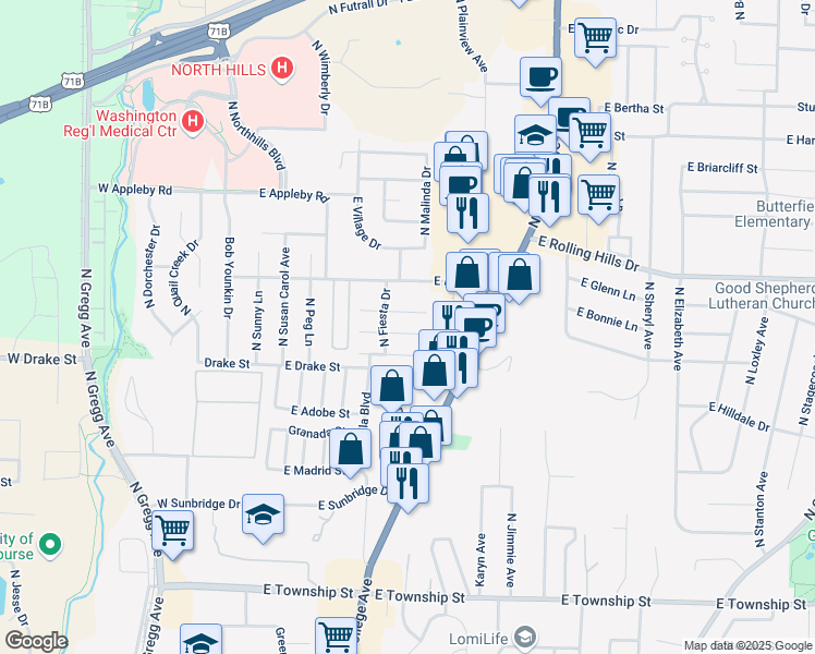 map of restaurants, bars, coffee shops, grocery stores, and more near 532 Mimosa Lane in Fayetteville