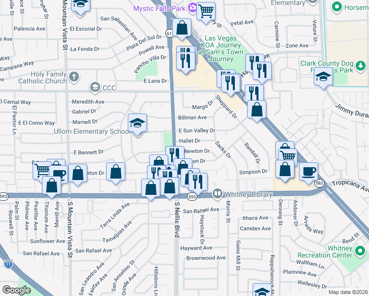 map of restaurants, bars, coffee shops, grocery stores, and more near 5052 East Newton Drive in Las Vegas