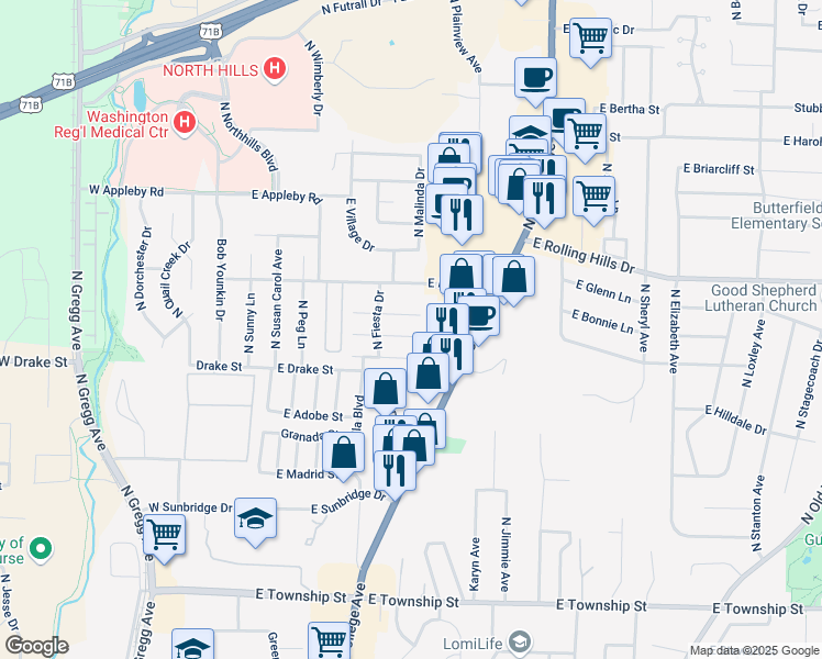 map of restaurants, bars, coffee shops, grocery stores, and more near 532 Mimosa Lane in Fayetteville