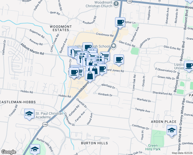map of restaurants, bars, coffee shops, grocery stores, and more near 4012 Hillsboro Pike in Nashville