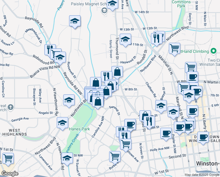 map of restaurants, bars, coffee shops, grocery stores, and more near 1151 Canal Drive in Winston-Salem