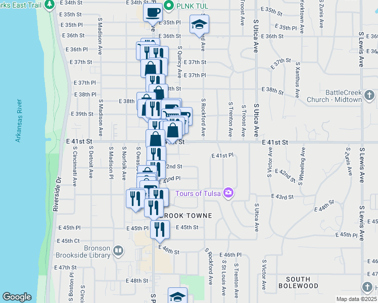 map of restaurants, bars, coffee shops, grocery stores, and more near in Tulsa