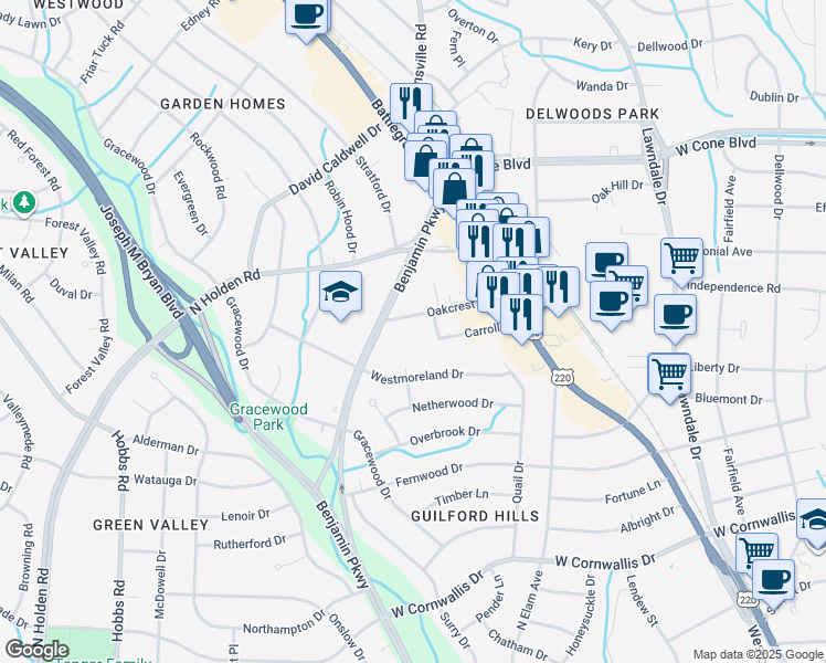 map of restaurants, bars, coffee shops, grocery stores, and more near 1530 Benjamin Parkway in Greensboro