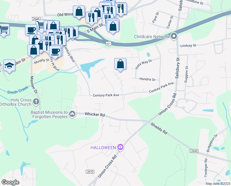 map of restaurants, bars, coffee shops, grocery stores, and more near 1164 Century Park Avenue in Kernersville