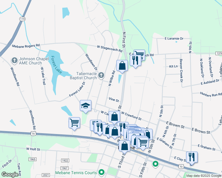 map of restaurants, bars, coffee shops, grocery stores, and more near 608 N Wilba Rd in Mebane