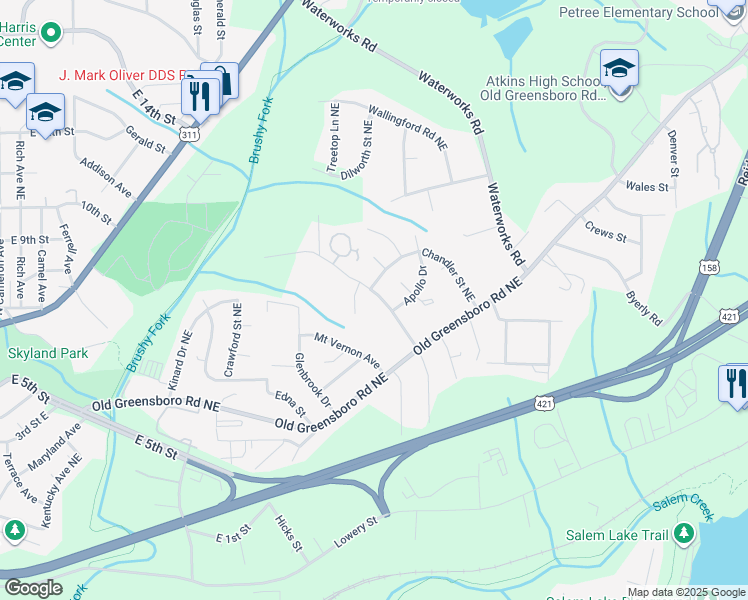 map of restaurants, bars, coffee shops, grocery stores, and more near 630 Barbara Jane Avenue Northeast in Winston-Salem