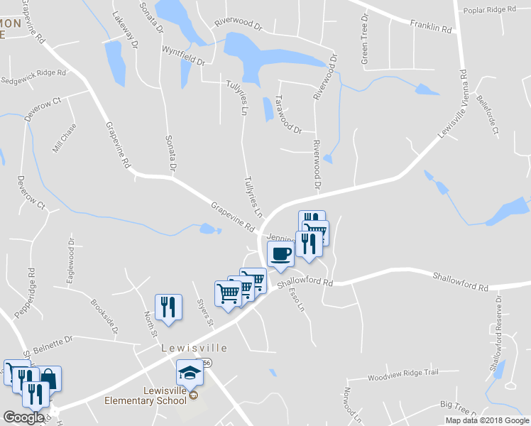 map of restaurants, bars, coffee shops, grocery stores, and more near 284 Lewisville Vienna Road in Lewisville