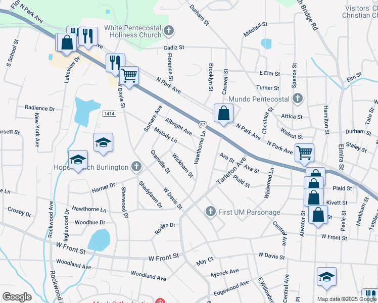 map of restaurants, bars, coffee shops, grocery stores, and more near 1510 Melody Lane in Burlington