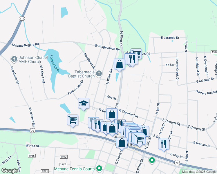 map of restaurants, bars, coffee shops, grocery stores, and more near 608 N Wilba Rd in Mebane