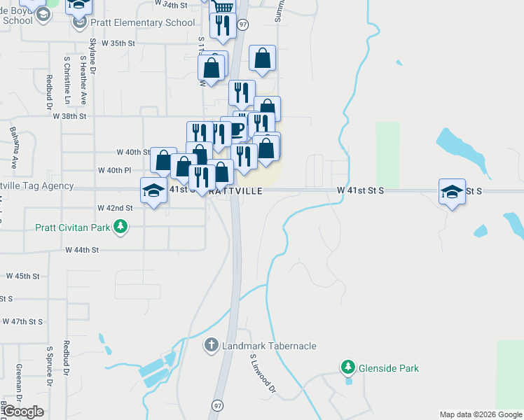 map of restaurants, bars, coffee shops, grocery stores, and more near 4116 Rustic Road in Sand Springs