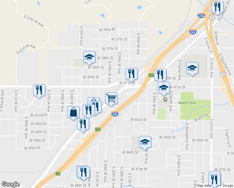map of restaurants, bars, coffee shops, grocery stores, and more near Tulsa in Tulsa