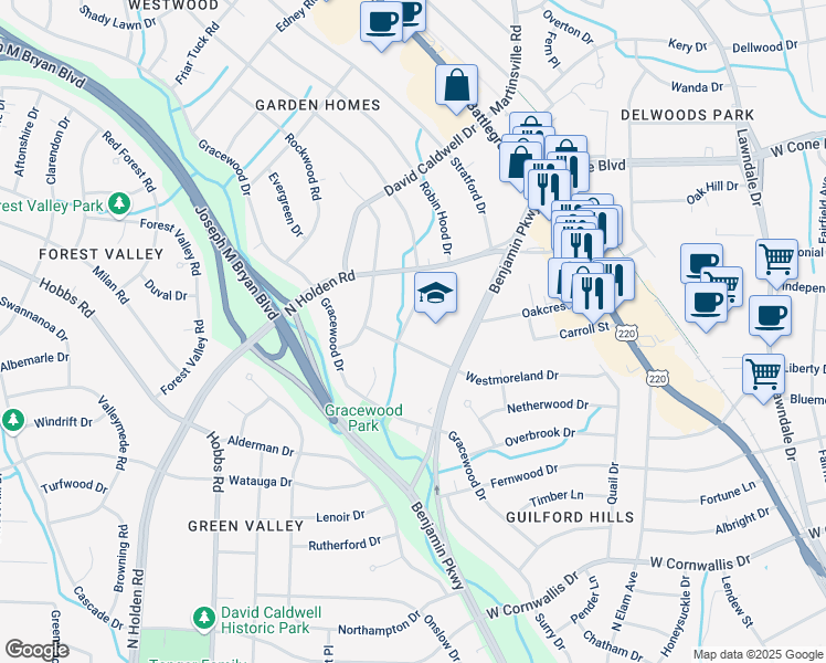 map of restaurants, bars, coffee shops, grocery stores, and more near 2502 Shady Lawn Drive in Greensboro