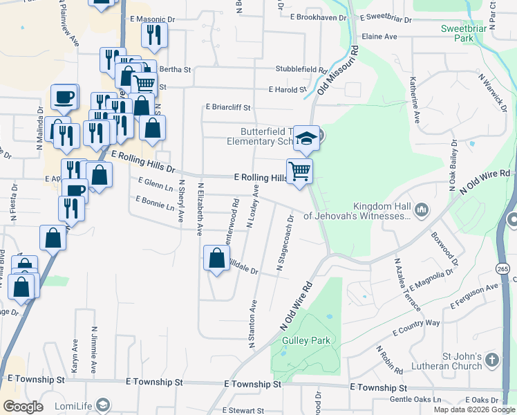 map of restaurants, bars, coffee shops, grocery stores, and more near 2859 North Loxley Avenue in Fayetteville