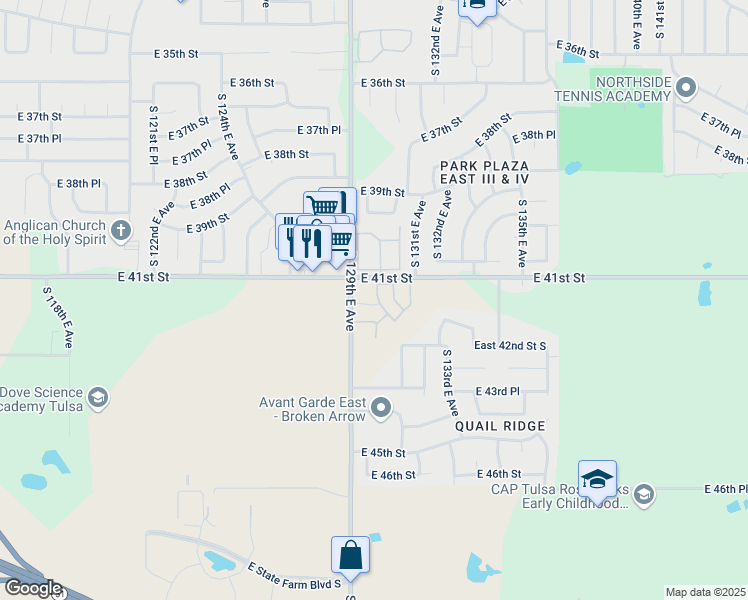 map of restaurants, bars, coffee shops, grocery stores, and more near 4104 South 130th East Avenue in Tulsa