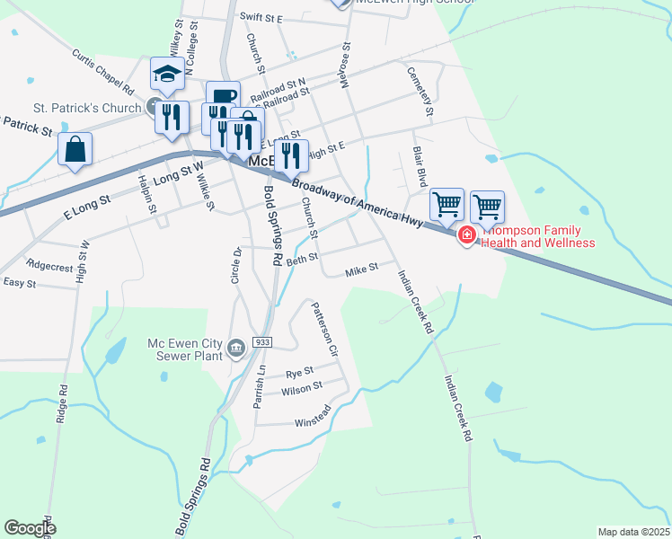 map of restaurants, bars, coffee shops, grocery stores, and more near 158 Mike Street in McEwen
