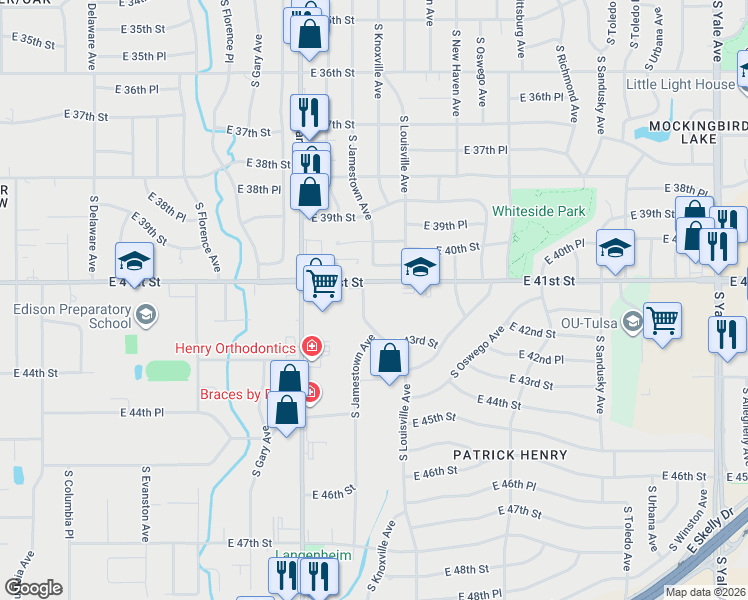 map of restaurants, bars, coffee shops, grocery stores, and more near 4123 S Jamestown Ave in Tulsa