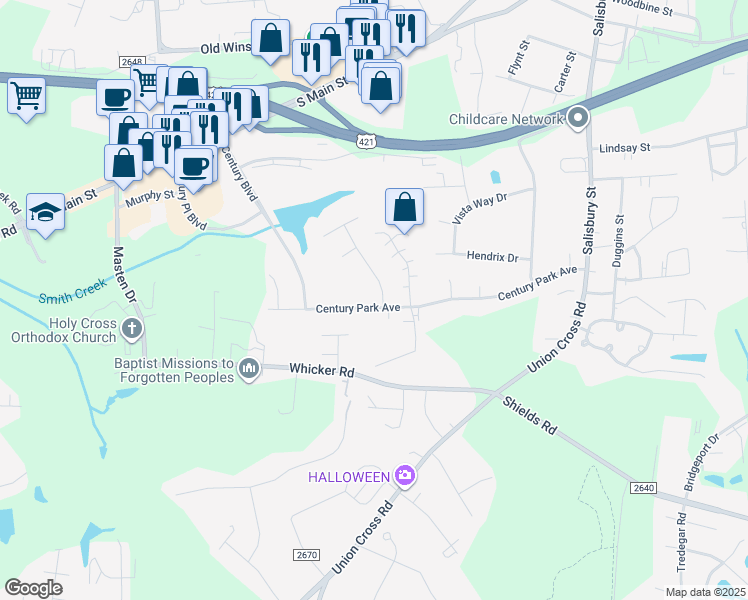 map of restaurants, bars, coffee shops, grocery stores, and more near 1164 Century Park Avenue in Kernersville