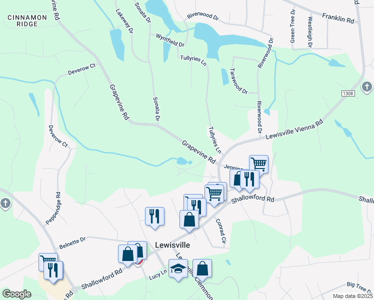 map of restaurants, bars, coffee shops, grocery stores, and more near 7542 Grapevine Rd in Lewisville