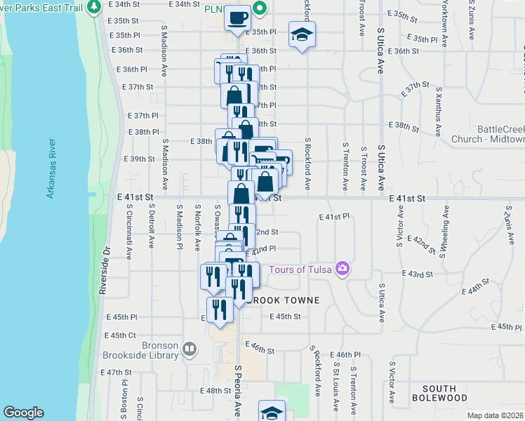 map of restaurants, bars, coffee shops, grocery stores, and more near 1331 East 41st Place in Tulsa