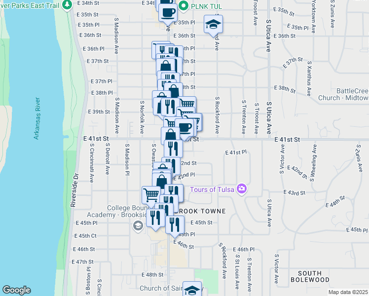 map of restaurants, bars, coffee shops, grocery stores, and more near 1331 East 41st Place in Tulsa