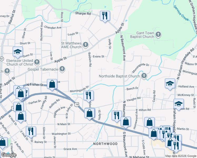 map of restaurants, bars, coffee shops, grocery stores, and more near 505 Baldwin Road in Burlington
