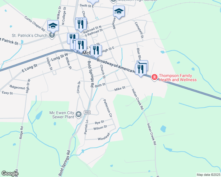 map of restaurants, bars, coffee shops, grocery stores, and more near 158 Mike Street in McEwen