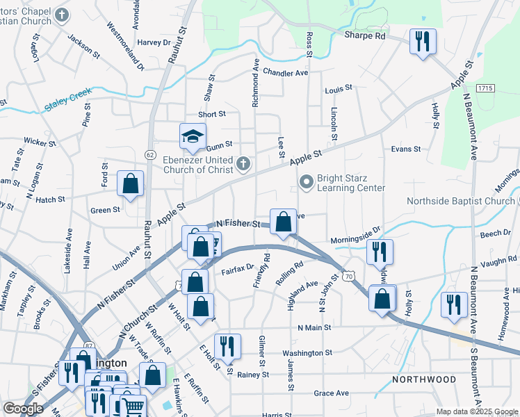 map of restaurants, bars, coffee shops, grocery stores, and more near 407 Richmond Avenue in Burlington