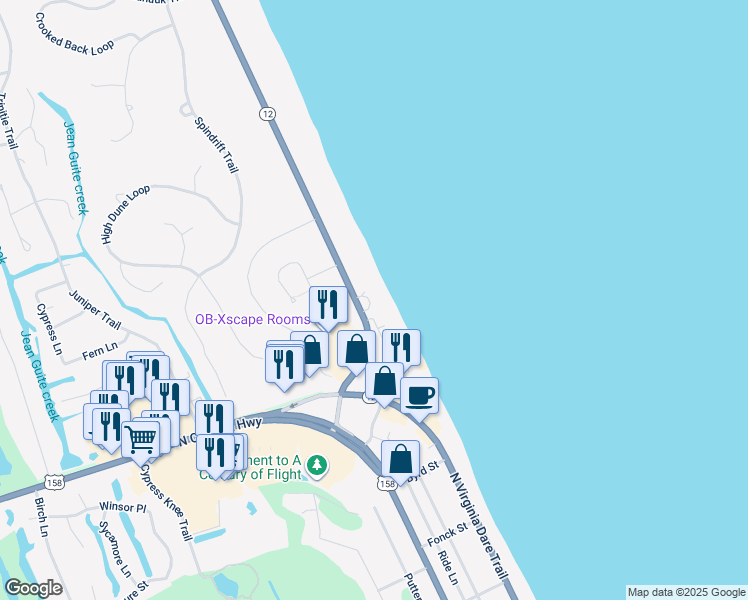map of restaurants, bars, coffee shops, grocery stores, and more near 4 Sea Bass Circle in Kitty Hawk