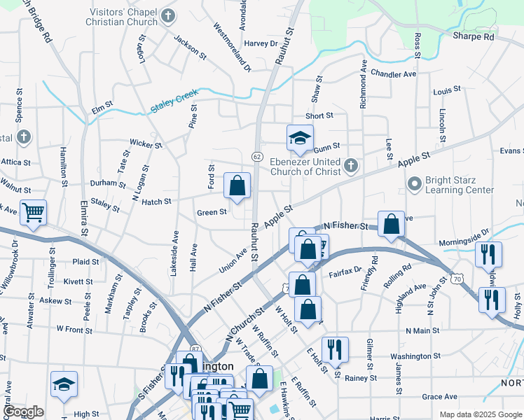 map of restaurants, bars, coffee shops, grocery stores, and more near 603 Rauhut Street in Burlington