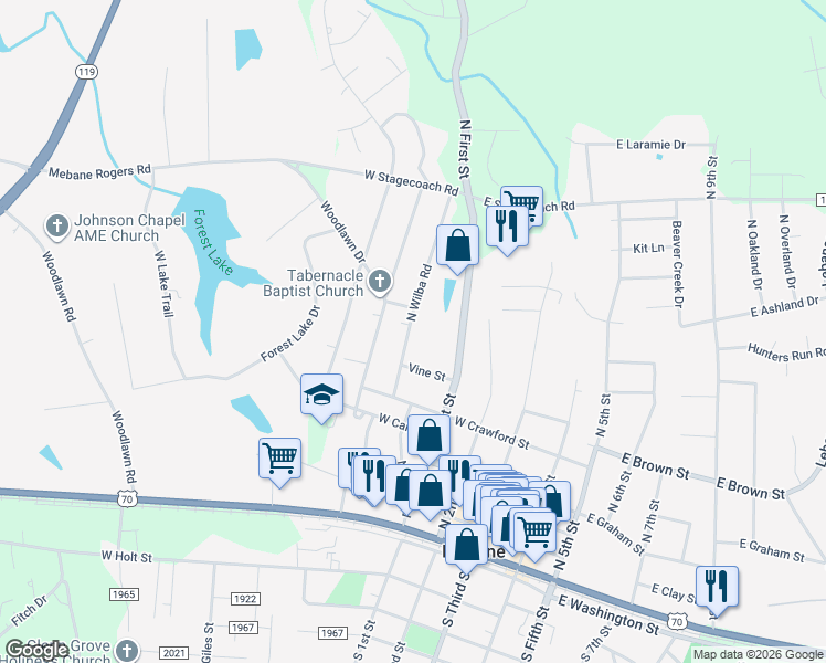map of restaurants, bars, coffee shops, grocery stores, and more near 608 N Wilba Rd in Mebane