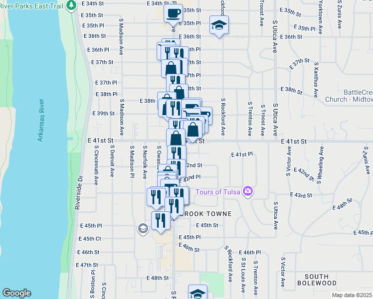 map of restaurants, bars, coffee shops, grocery stores, and more near 1331 East 41st Place in Tulsa