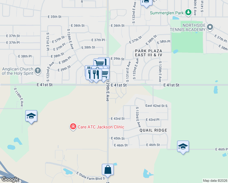 map of restaurants, bars, coffee shops, grocery stores, and more near 4104 South 130th East Avenue in Tulsa